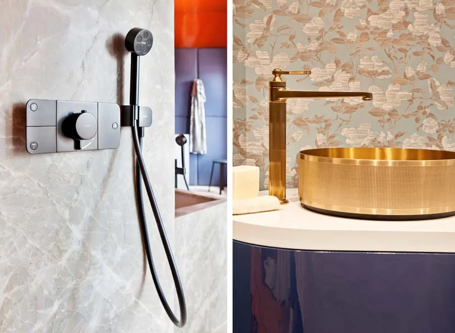 Золотые, бронзовые и матово-черные элементы сантехники смотрятся роскошно