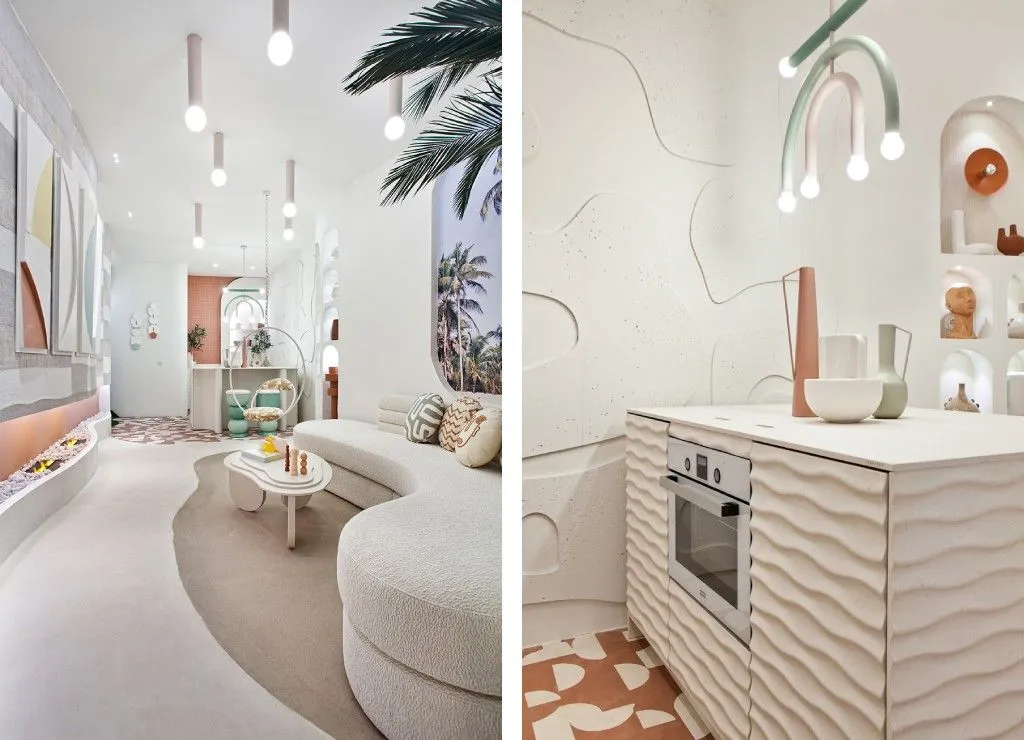 На фото керамогранит и камень, которые помимо настенной и напольной отделки, могут использоваться для мебели.