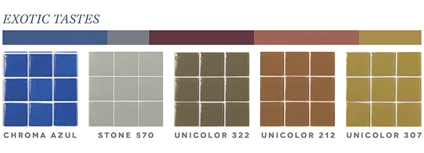 Экзотика (Chroma Azul, Stone 570, Unicolor 322, Unicolor 212, Unicolor 307) – авантюрное и интригующее смешение привносит с собой ощущение связи с природой, гармонии и благополучия.