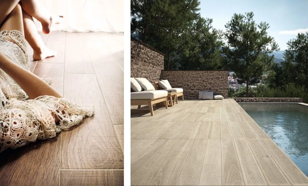 На фото плитка Amazonia и противоскользящая Recife оттенка ясеня