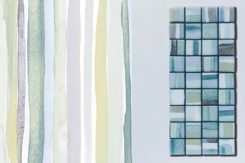 Используемая графика при нанесении на мозаику размещена хаотично, что позволяет избежать однообразия и монотонности, превращая в итоге Aquarelle в уникальный продукт