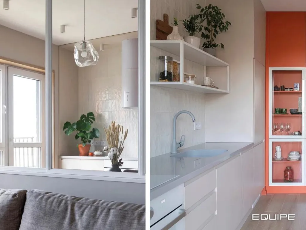 Открывающая вид на рабочий фартук, выложенный из белоснежной плитки от Equipe Ceramicas серии Artisan формата 6,5х20 см.