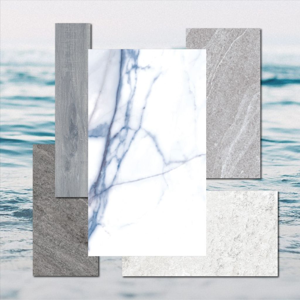 Имитация белоснежного мрамора с прожилками кобальтовых тонов, напоминающих о море, в комбинации с копиями дерева и камня.
