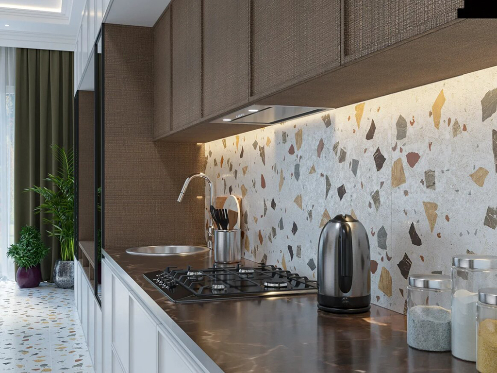 На фото: эффектная отделка "фартука" на кухне с помощью декоративных керамогранитных панелей в стиле "Терраццо"