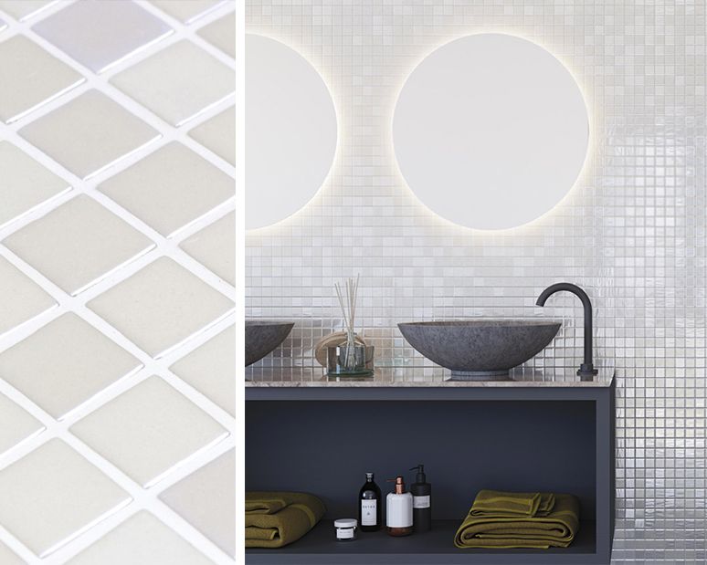 Облицовка стен ванной комнаты стеклянной мозаикой Opalo Blanco от ONIX