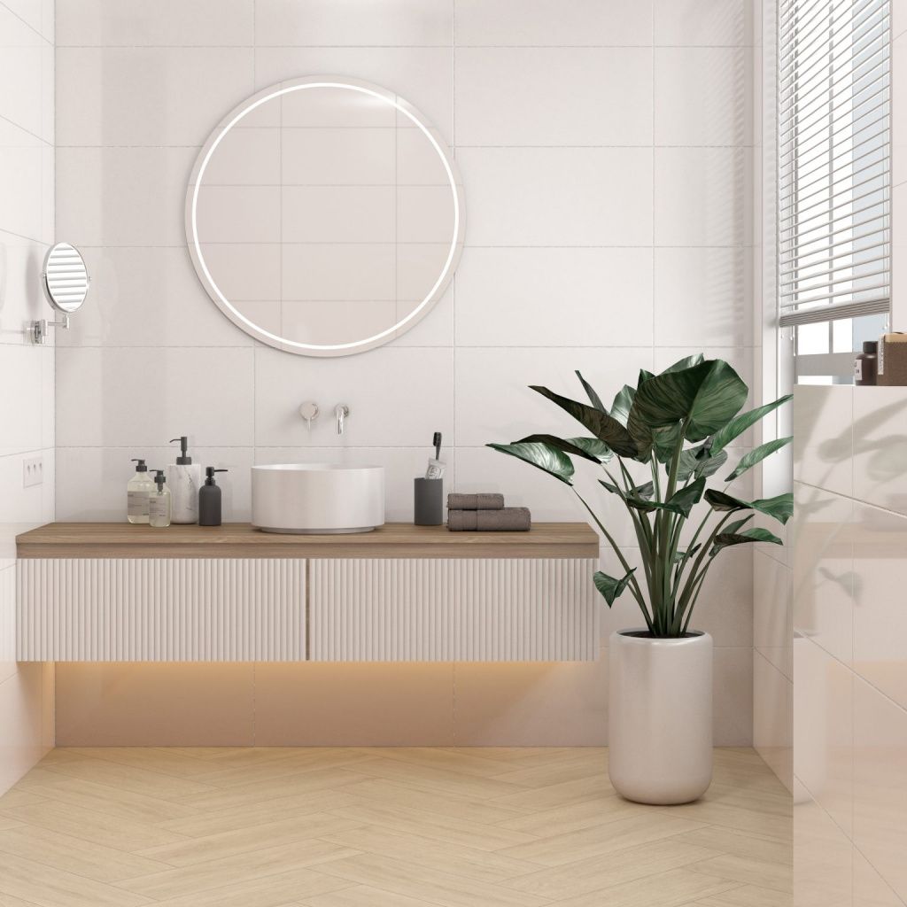 Нейтральные оттенки упорядочивают внешний вид ванной комнаты, делая ее аккуратной и светлой